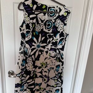 Peter Nygard Black and White Floral Midi Dress with Blue Accents